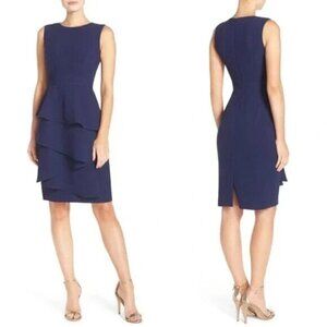 Eliza J Sleeveless Sheath Dress Ruffle Crepe Summer Wedding Cruise Navy Blue 8